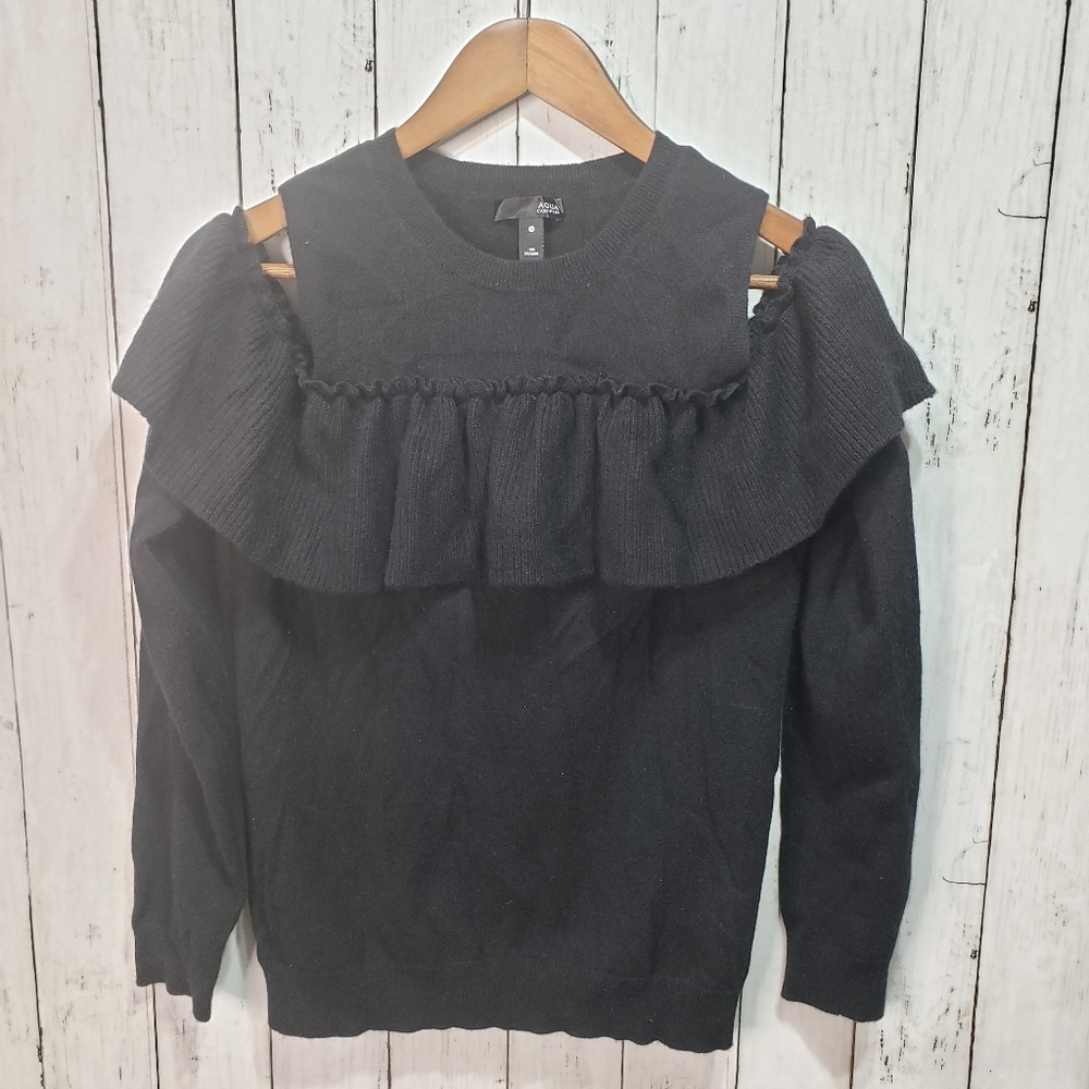 Aqua Cashmere Black L/S Ruffle Cold Shoulder Sz M